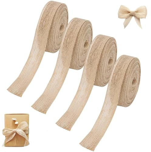 4 Stück Juteband Rolle 1 cm Fein, 10 m Breit, Jahrgang – Dekoband Für DIY Handwerk, Verpackung, Geschenk, Weihnachten, Esstisch, Blumenstrauß Dekoration