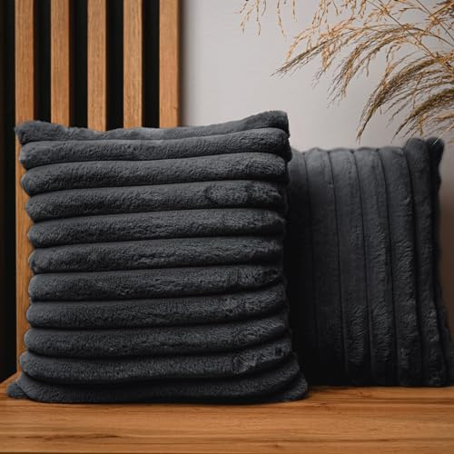 MG Design 2er Set Kissenbezüge 40 x 40 cm in Grau – mit Reißverschluss, langflorige Fell-Haptik, weich & Cosy, pflegeleicht