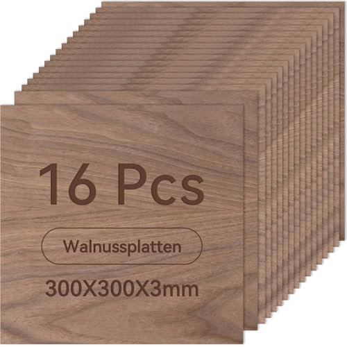 ROWOOD Sperrholzplatte 3mm 300x300mm 16Stück Walnuss holzplatte Zuschnitt Nach Maß Unbehandeltes Bastelhölzer Holz für Modellbau Laserschnit Laser Gravur Holz Brennen Malerei CNC