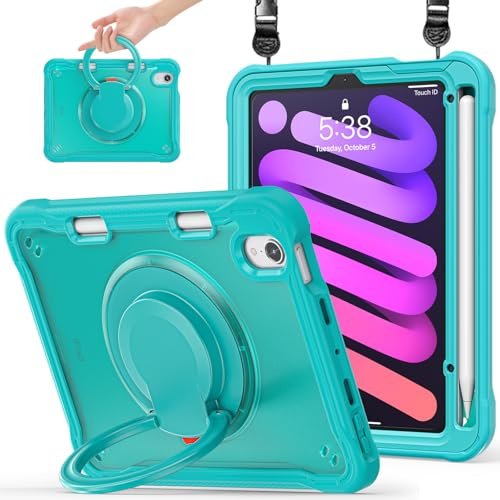Miimall Funda para iPad Mini 7 A17 Pro 2024 / iPad Mini 6 2021, [360° Soporte Giratorio] [Ranura para Bolígrafo] con Correa Hombro Anti-Caída Carcasa para iPad Mini 7.ª / 6.ª Gen 8.3, Azul Claro