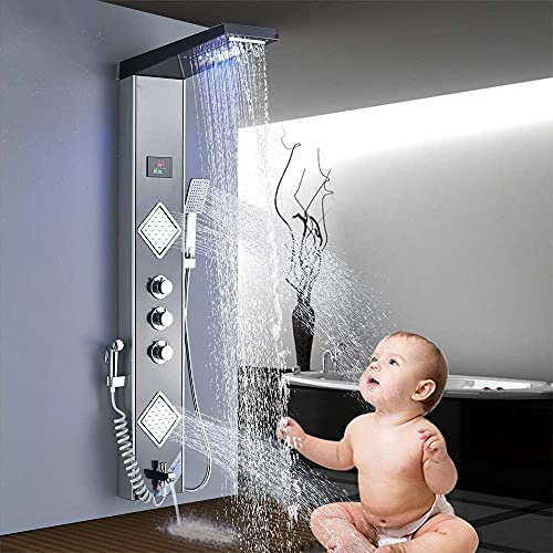 ZDLHGYBS Sistema Doccia Pannello Doccia a Cascata con Luce LED, Colonna Doccia con Rubinetto per Vasca, Sistema a 3 Maniglie, miscelatori per Doccia a 6 funzioni con doccetta per Bidet