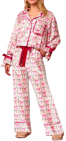 Yoisdtxc Women Satin Silk Christmas Pajamas Set Cute Santa Claus Pjs Button down Shirt and Pants 2 Piece Xmas Loungewear Set (D-Pink, L)