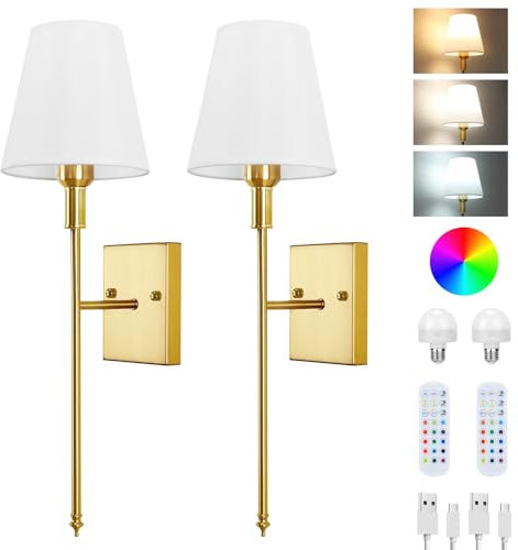 Lightess Battery Operated Wall Lights Set of 2 Rechargeable Wall Lights Indoor for Living Room Dimmable RGB Wireless Wall Sconces Wall Lamp Battery Powered Remote Control 5000mAh 3 Color Temperatures