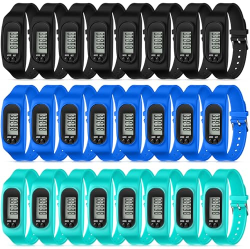 Geyoga 24 Pcs Pedometer for Walking Steps and Miles Pedometer Watch Silicone Steps Tracker Running Bracelet Ankle Step Counter for Calorie Burning and Step Counting (Mint,Blue,Black)