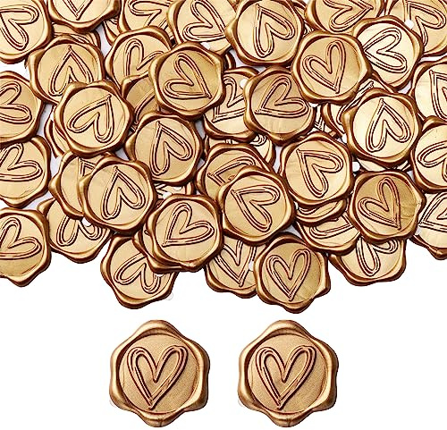Filhome Wachssiegel Selbstklebend Herz, 100 Stück Umschlagaufkleber Wachssiegelstempel Sticker Siegelaufkleber für Hochzeit Geburtstag Party (Herz#1-GOLD)