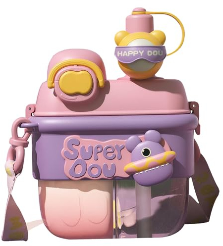 Bottiglia d'acqua kawaii da 17 once graziosa bottiglia ad acqua a doppia camera a doppio bere con paglia e cinturino bottiglia d'acqua portatile a prova di perdite per bambini regalo femminile (stile