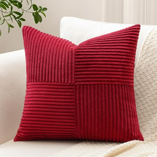 Sungeek Lot de 1 Housse de Coussin 40x40 cm en Velours Côtelé, Housse Coussins Patchwork à Rayures Croisées Doux Taies d'oreiller Décoratives pour Lit Canapé Chambre Salon, Rouge Foncé