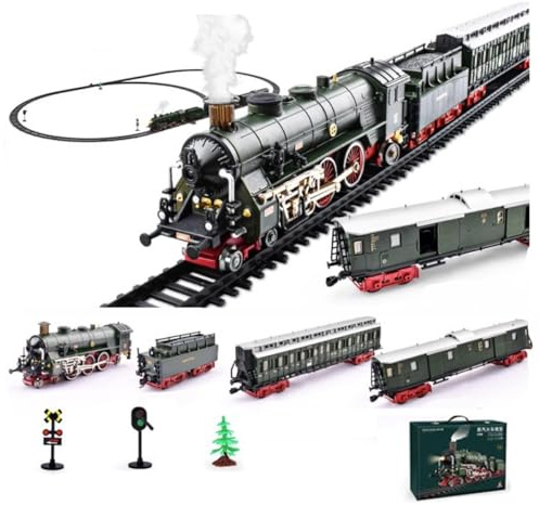 Brickaro Juego de tren a control remoto, modelo de tren eléctrico con carruajes y pistas largas, gran regalo STEM y decoración de escritorio para adolescentes y adultos (modelo 22920/verde oscuro)