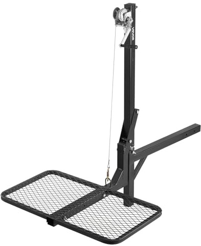 VEVOR Palan à Cerfs à Plateforme Pliable, Capacité de Charge 136 kg, avec Treuil à Manivelle, Récepteur 5 cm, Arbre Pivotant 360°, pour Chasse en Plein Air, Transport à la Ferme, Levage Charge Lourde