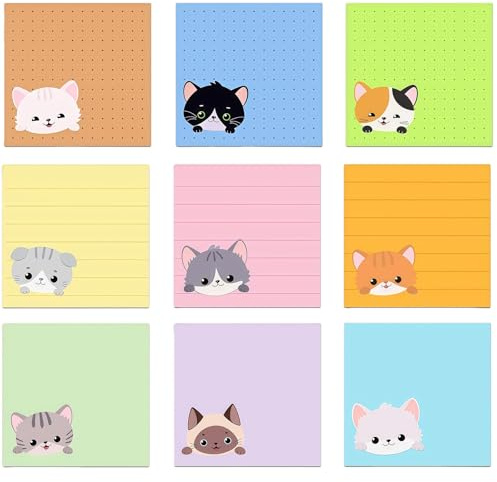 LUMOOM 9 Blöcke Sticky Notes Set, 450 Blatt farbiges Notizpapier mit Katzenmotiv, lustige Haftnotizen als selbstklebende Notizzettel, 7,6 cm Klebezettel klein für Schule Büro (B)