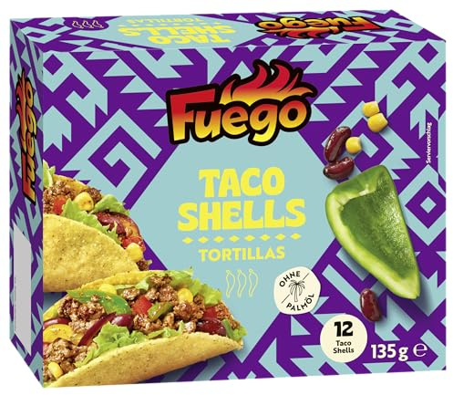 Fuego - Taco Shells, 12 Stück | Frittierte Taco-Schalen aus Mais | Zum Selbermachen von gefüllten Tacos | Vegan, ohne Geschmacksverstärker