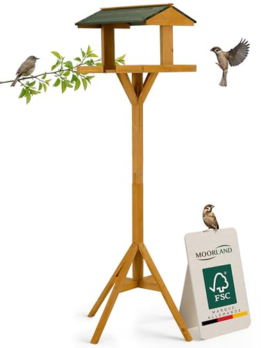 Moorland Casa per Uccelli Aperta 116 cm – Grande Mangimatoia in Legno di Abete FSC Ocre con Tetto Verde – Kit da Giardino & Terrazza – Stazione Alimentazione Uccelli Selvatici – VH5