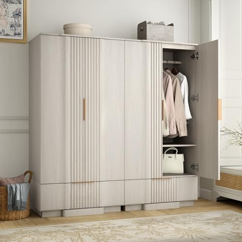 Yechen 67 Fluted Armoire Wardrobe Closet Set of 2 with Doors and Drawer, Wooden Wardrobe Closet Cabinet with Adjustable Shelve, Modern Small Armoires Storage Clothes, Coats for Bedroom, White, 2pcs
