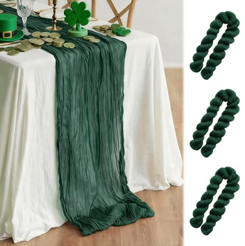 3 Stück Boho Käsetuch Tischläufer, 90×300CM Rustikaler Gaze-Stoff, Seihtuch Tischläufer, Boho-Dekoration für Hochzeitsdeko, Taufe Deko,Tischdeko Geburtstag, Babyparty (Dunkelgrün)