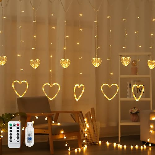 Lichtervorhang Innen, 3.5M Lichterkette Herzen mit 8 Modi, LED Herz Lichterkette Vorhang Innen mit Fernbedienung, Herzförmige USB Lichtervorhang für Zimmer Hochzeit Valentinstag Deko (Warmweiß)