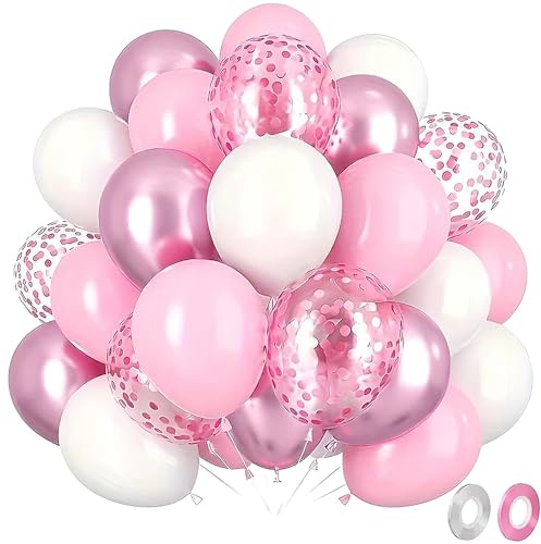 Ovanda 30 Stück Rosa Ballons, Rosa Weiß Helium Luftballons, Pink Konfetti Latexballons für Mädchen Frauen Hochzeit Babyparty Geburtstagsdeko, Geburtstagsdeko Rosas Mädchen
