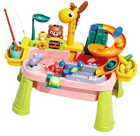 Wasser Spieltisch Kinder Outdoor Beinhaltet 17 Spielzeugzubehör | 59x33x42cm Kinder Wassertisch Mit Giraffen Wasserhahn | Wassertisch Für Rollenspiele, Hand-Auge-Koordination, Garten Hinterhof Und