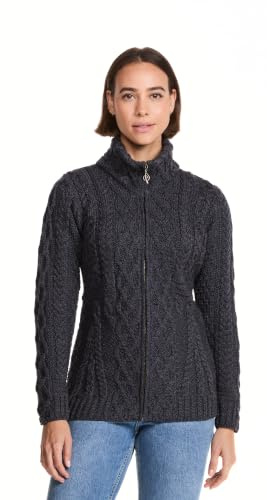 Irisk aran stickad jacka stickad kappa med dragkedja | supermjuk yllekappa volljacke cardigan av merinoull för kvinnor från Aran Woollen Mills