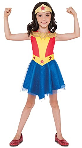 RUBIE'S DC Superhero Girls Official Tutu Wonder Woman Dress - Barn, flickdräkt, blå, röd, gul, tiara, en storlek - 4–6 år - för halloween, karneval, julklappsidé