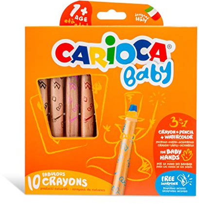 CARIOCA Baby Crayons 3in1, Pastelloni Colorati Super Lavabili per Bambini 3 in 1, Matite Colorate e Pastelli a Cera Acquerellabili, Colori Assortiti, 10 Pezzi