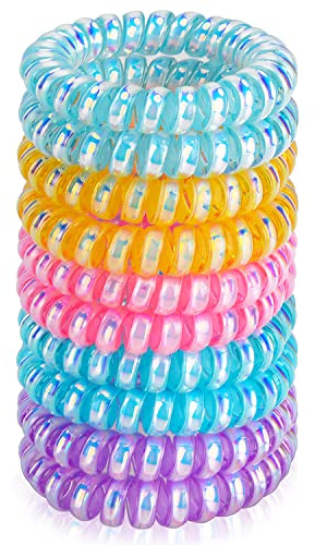 JessLab Spiral Hair Ties, 10 Pcs Traceless Phone Cord Bracelet Plastic Coil Ponytail Holders No-Damage Accessory for Girls Women Ladies, Color Assorted, Set 2