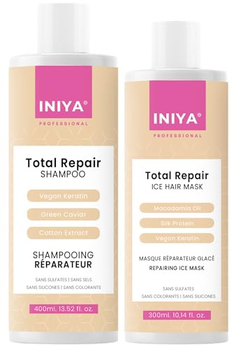 Shampooing & Soin Réparateur Sans Sulfate | Iniya Duo Kit Réparation | Shampooing Réparateur 400ml et Masque Réparateur 300ml Lissage Brésilien & Tanin