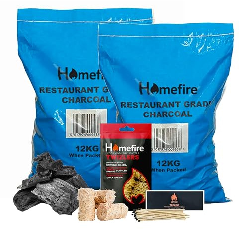 Barbeque Bundle of Restaurant Grade Lumpwood Charcoal 2 x 12kg, Twizlers Firelighters 300g & Topline Long Matches - Perfect Fire Starter Kit for Outdood Barbecues, Camping BBQs...