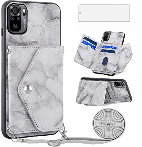 Asuwish Funda para Xiaomi Redmi Note 10S/10 S 4G con Cuerda y Cristal Protector de Pantalla Tarjetero Plegable Cadena Cuero Monedero M2101K7AG M2101K7BNY Carcasa Phone Case Gris