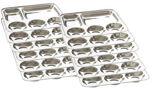 Kitchen kemistry Premium Stainless Steel Luxurious 5 In 1 Three Compartment Divided Dinner Plate/Partition Thali/Partition Plate -Set of 12