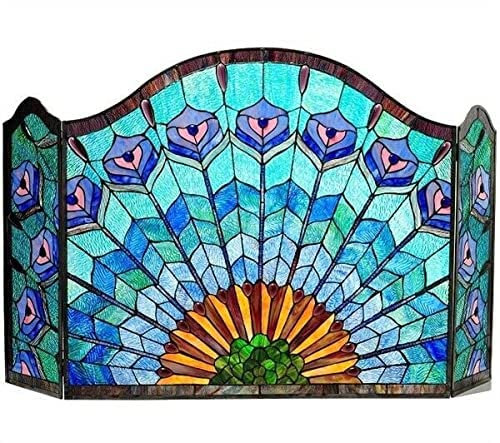 CAZARU Kaminschutzgitter, Glas, Pfauenfeder, 3 Stück, zusammenklappbarer Kaminschutz, 121,9 cm, Kaminschutz, Flache Kaminschutzgitter, dekorativ