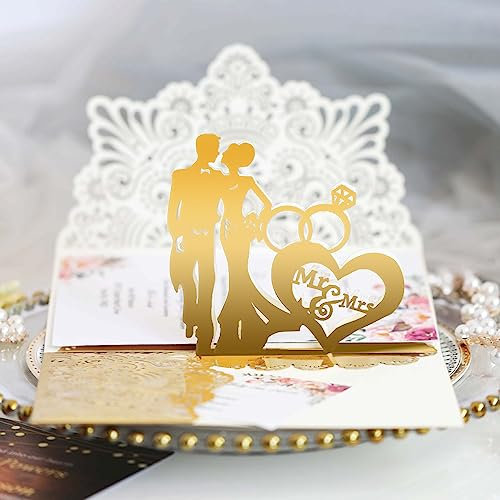 GROVBLE Hochzeitskarte,pop up hochzeitskarte,hochwertigem umschlag,Hochzeitseinladungen,3d karte hochzeit für Romantische Glückwunschkarte zum Hochzeitstag,Verlobung,Beichte (Gold)