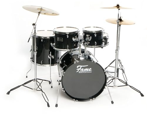 Fame FG22B-BK First Gig Rock Set, Komplettes Drum-Set Schwarz, Inklusive Becken und Hardware, Pappel-Kessel, 22 Zoll Bass Drum, 10 und 12 Zoll Tom-Tom, 16 Zoll Floor Tom, 14 Zoll Snare, Ideal für