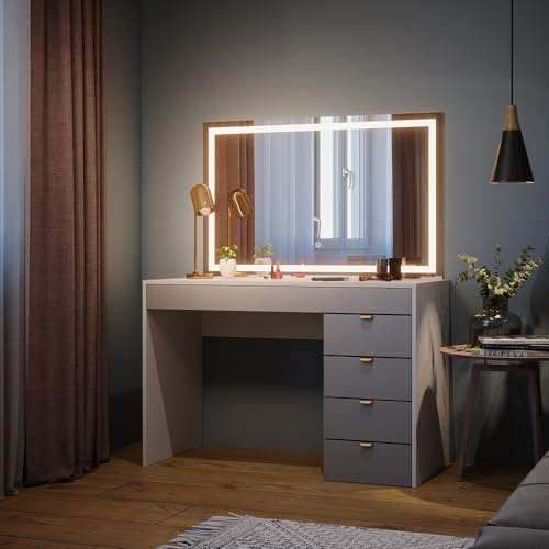 Vicco Schminktisch Elise, Weiß/Grau/Grau, 115 cm | mit LED-Spiegel, mit LED-Beleuchtung und großem Spiegel für Make-up-Anwendungen