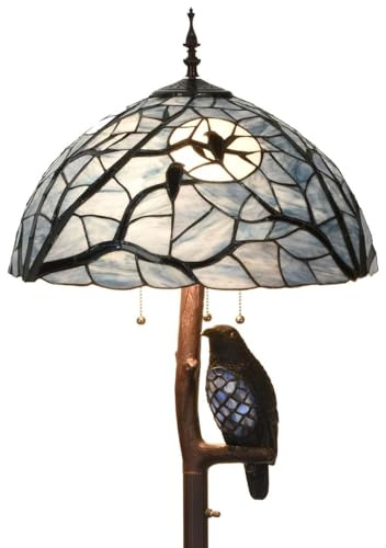 Bieye L30882 Corbeau assis sur une branche nue devant la pleine lune, lampadaire en verre teinté de style Tiffany pour décoration d'Halloween, 4 lumières, 65 pouces de hauteur (bleu foncé)