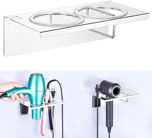 XILIMEN Supporto per asciugacapelli e piastra lisciante, supporto per asciugacapelli a parete senza foratura, in acciaio inox, supporto per asciugacapelli, supporto per ferro da stiro senza fori per
