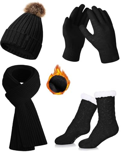 CheChury Mütze Schal Handschuh Sets Damen Socken Wintermütze mit Bommel Fleece Gefütterte Touchscreen Handschuhe Wärmer Lange Strickmütze Schal Warm Beanie Mütze Socken 4 Stück Set Gestrickte Winter