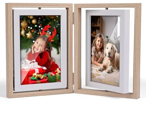 Czemo Cornice per foto 10x15 cm, cornice collage vintage per 4 foto, cornice doppia girevole in legno per matrimoni, cartoline, camerette, famiglia, scrivania e ufficio