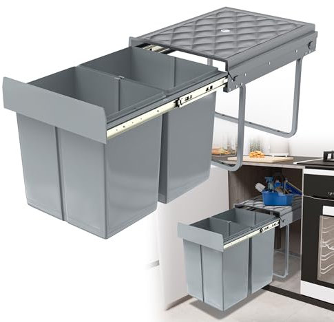 HENGMEI Einbaumülleimer Unterschrank Einbau-Mülleimer Küche Abfalleimer Ausziehbarer Abfallsammler Mülltrennsystem mit Teleskopschienen Grau(2x15L)