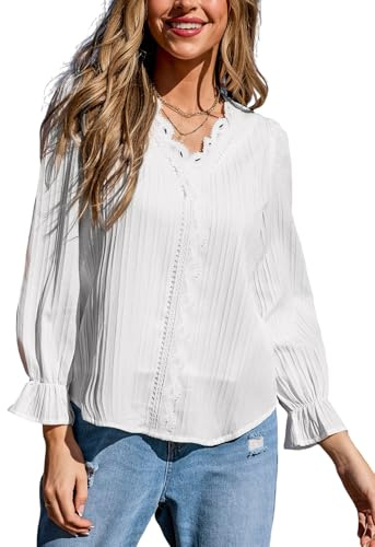 CUPSHE Pizzo maniche a sbuffo camicetta elegante manica lunga scollo a V top donna, bianco, S