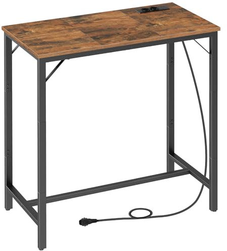 HOOBRO Bartisch mit Ladestation, Küchentisch, rechteckiger Stehtisch, untere Querstrebe, dreieckige Stützstruktur, Langer schmaler Bartisch, Vintage-Stil, rustikales Braun EBF90CBT01