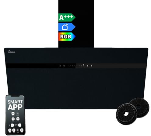 Hotte aspirante cuisine 90 cm | Inclinées | acier inoxydable | verre noir | WiFi | arrête automatiquement | éclairage LED RVB | Opération tactile | STYLE9005SMAO