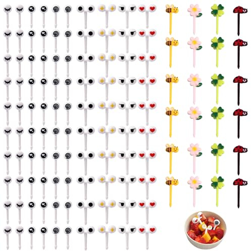 124 Stück Piekser Fingerfood Kinder,Spieße Fingerfood Kinder,Wiederverwendbare Mini Eyes Fruit Fork,Süße Bienen Obstgabeln,Exquisite Obstgabel,Geeignet für Obst,Kuchen,Desserts