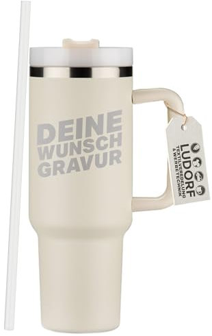 #teamludorf Thermobecher 1L mit Strohhalm & Henkel - Isolierter Trinkbecher Edelstahl, personalisierbar mit Gravur - Kaffeebecher Verschüttschutz & doppelwandig, Warmhaltebecher, Beige
