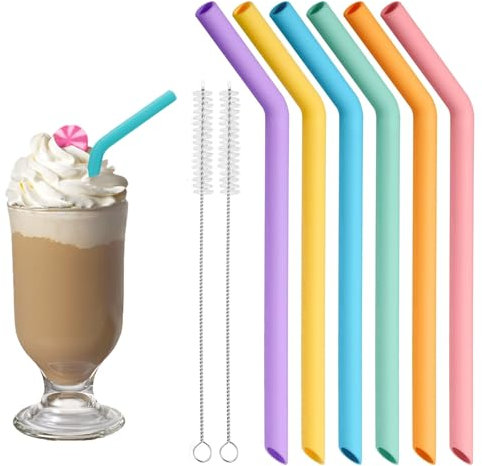 6PCS Extra Wide Reusable Bent Silicone Straws for Boba, Smoothies, Bubble Tea – Eco-Friendly, Child-Safe, Customizable Length, Includes 2 Brushes for Easy Cleaning