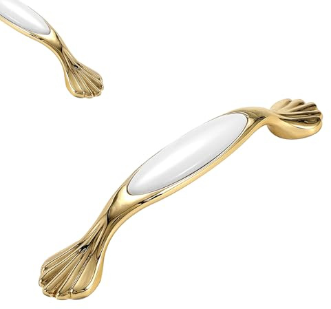 Möbelgriffe Gold 128mm, 2 Stück Möbelgriffe Hochwertige Keramik Weiß | Küchengriffe 128mm Lochabstand Türgriffe Galvanikfläche Bügelgriff Schubladengriffe Kleiderschrank Griffe Weiß 128mm/5in
