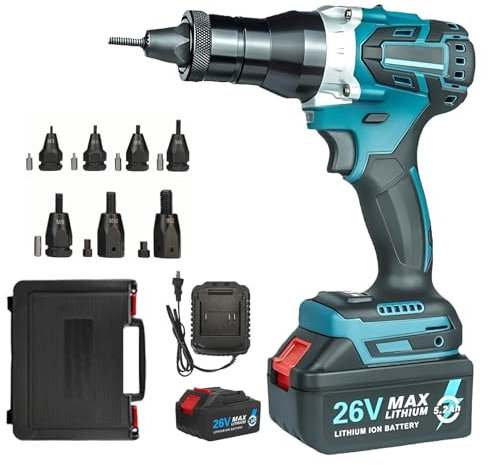 LADECNERHT Pistola Remachadora Inalámbrica Batería Remachadora De Tuercas Electrica, Remachadora Eléctrica Inalámbrica 26v con 5.2ah Batería Remachado Automático Pistola Clavos