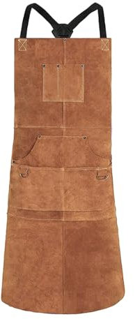 Uqezagpa Delantal de soldadura resistente con máxima protección desde el pecho hasta las rodillas con 6 bolsillos grandes para herreros profesionales, marrón claro, 91*61CM