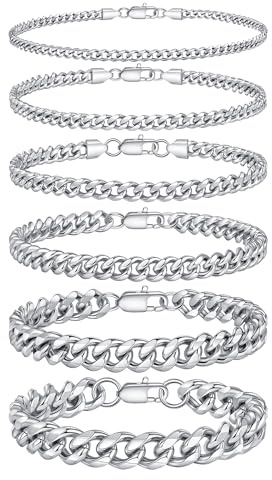 TINGN 6 Stück Edelstahl Armband Herren Silber Armbänder für Herren Figaro Cuban Seil Kette Armband Set Schmuck für Männer ihn Vater Freund Ehemann 7.5 Zoll