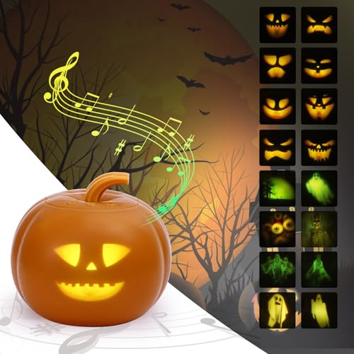 Animierte Kürbis-Projektionslampe für Halloween, 16 Animationen und Soundeffekte, englische Version, eingebauter Lautsprecher und Projektor für Halloween- und Familienfeiern