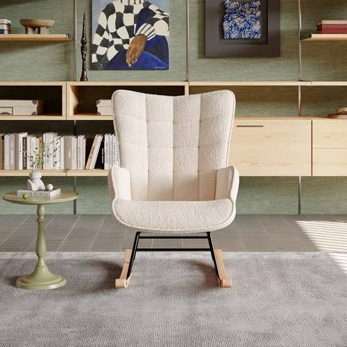 WSOFZMO Silla mecedora para salón, salón con respaldo alto, silla de lactancia, habitación de bebé, silla de lactancia, silla de felpa, color beige